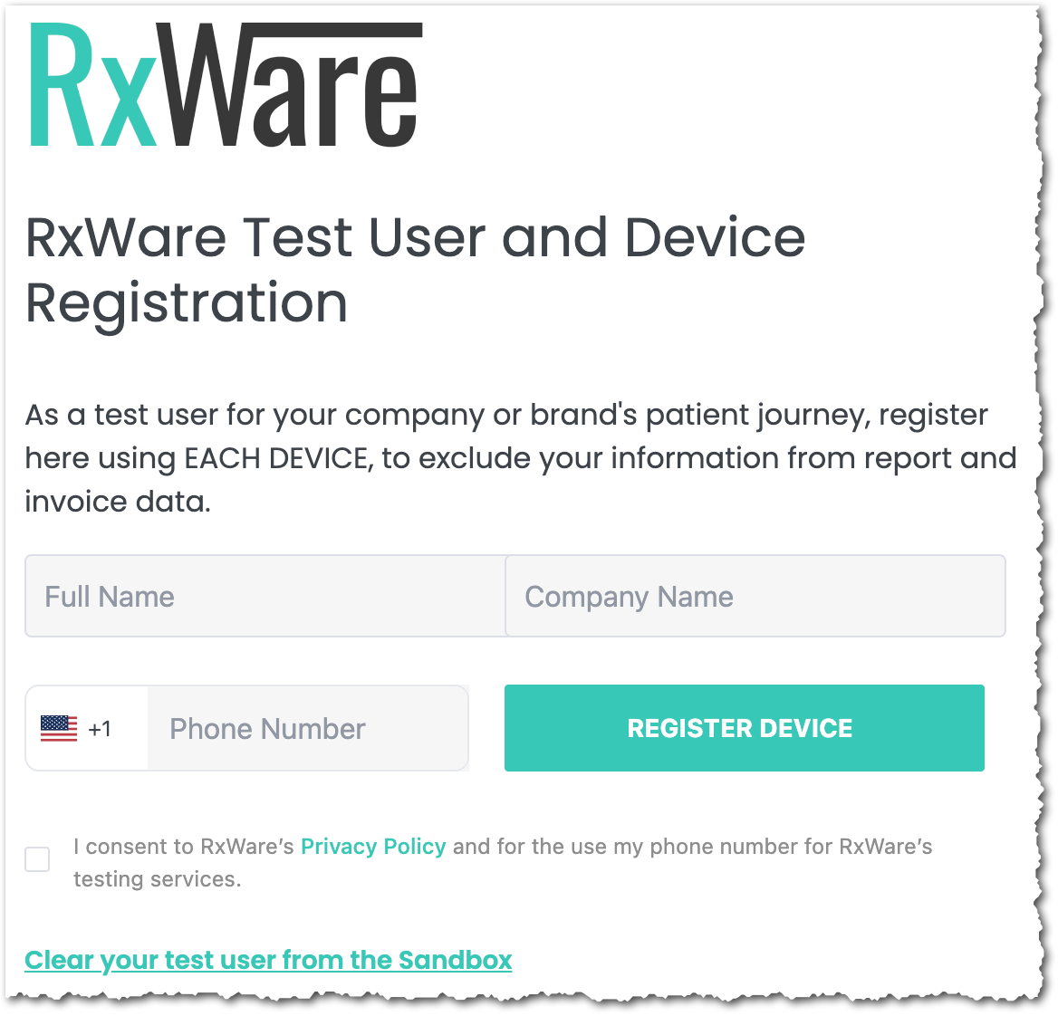 RxWare Test User and Device Registration screenshot